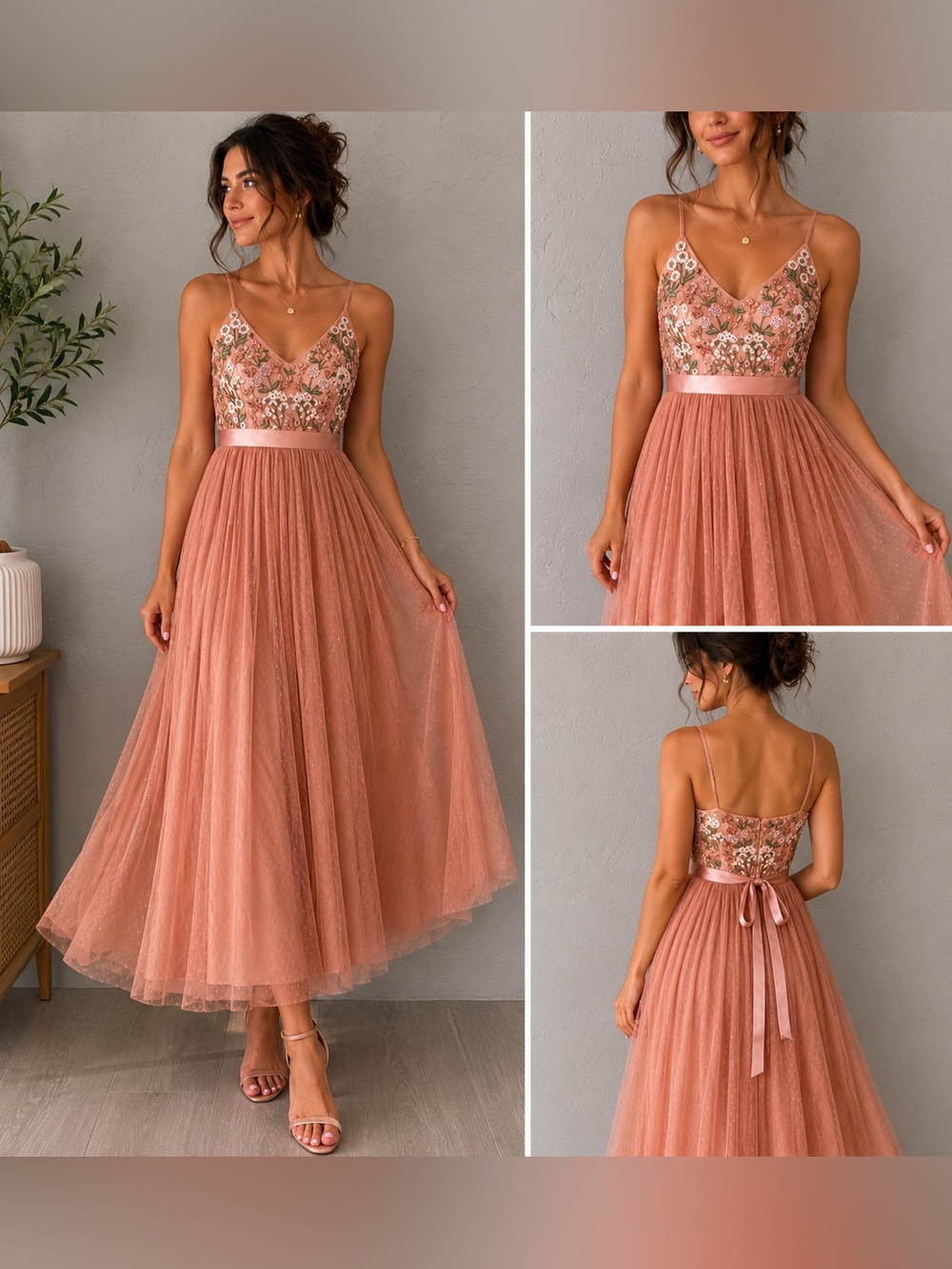 Anthropologie BHLDN Dusty Rose Embroidered Tulle Midi Dress US 2 Romantic Floral